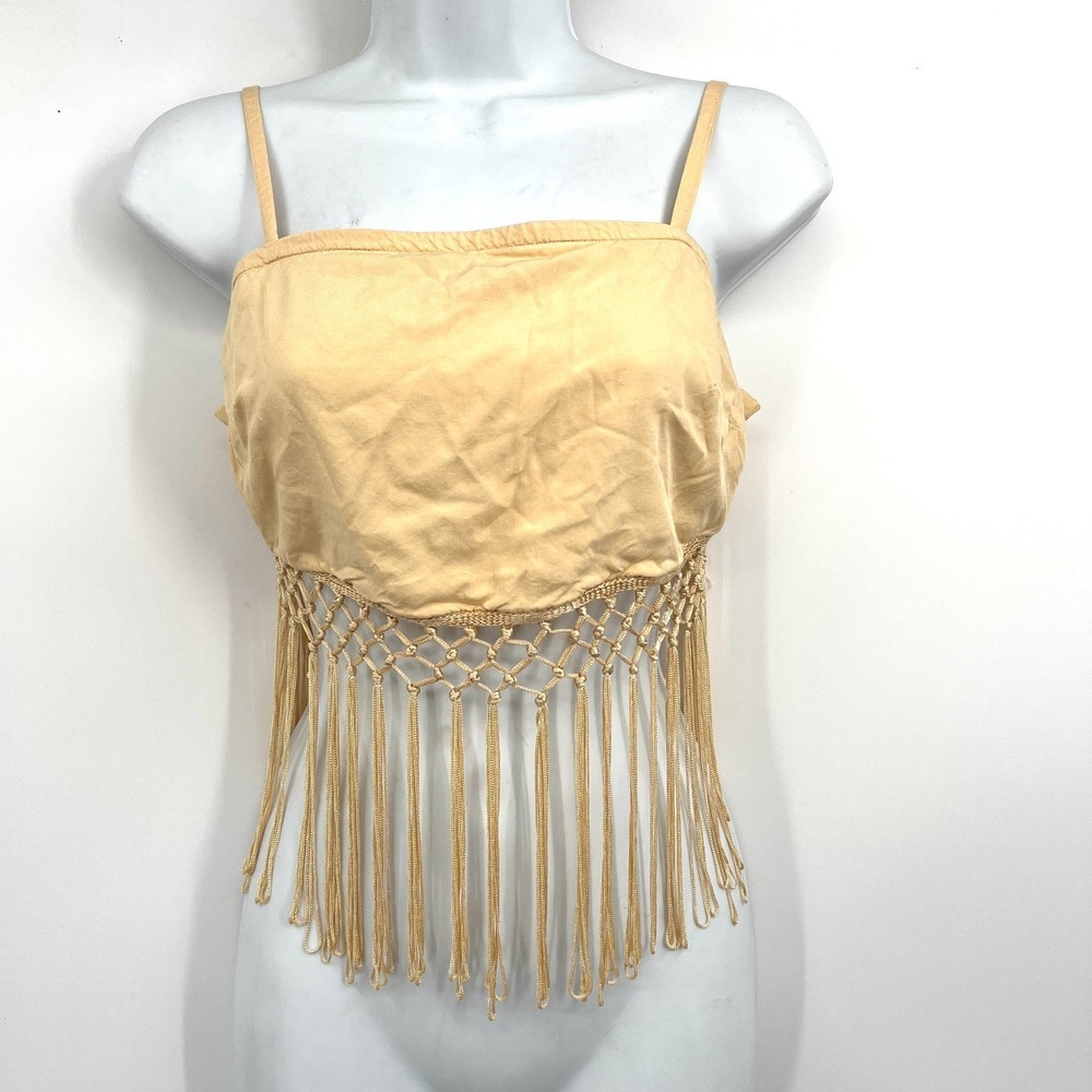SHORE butter yellow crop top fringe retro festival macreme XS
